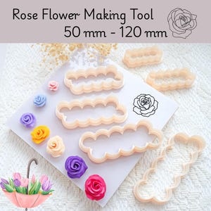 May include: A collection of beige rose flower making tools, ranging from 50 mm to 120 mm, alongside colorful, handcrafted rose flowers. The image includes the text "Rose Flower Making Tool" and a rose outline.
