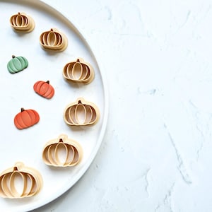 May include: A white plate with eight pumpkin-shaped cookie cutters and three small orange and green pumpkins. The cookie cutters are made of wood and have a natural finish.