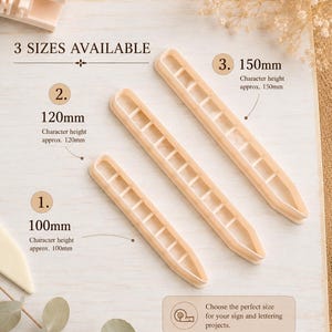 May include: Three light beige plastic pencil-shaped cutters in sizes 100mm, 120mm, and 150mm. The image displays text indicating 3 SIZES AVAILABLE, with labels for each cutter showing character heights of 100mm, 120mm, and 150mm respectively.
