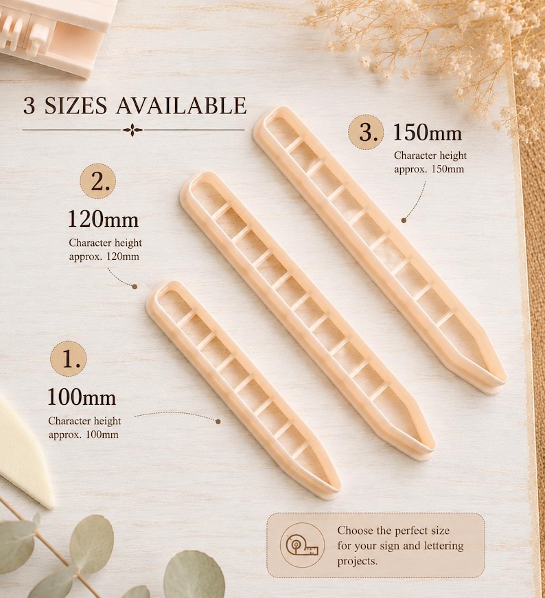 May include: Three light beige plastic pencil-shaped cutters in sizes 100mm, 120mm, and 150mm. The image displays text indicating 3 SIZES AVAILABLE, with labels for each cutter showing character heights of 100mm, 120mm, and 150mm respectively.