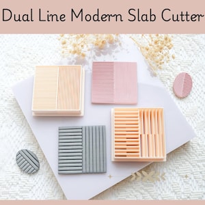 Puede incluir: Una colección de cortadores de losa modernos en melocotón, rosa y gris. Cada cortador presenta un diseño de doble línea con líneas paralelas. El texto "Dual Line Modern Slab Cutter" se encuentra en la parte superior de la imagen.