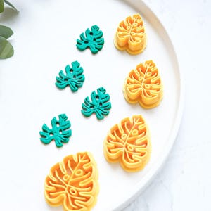 May include: A collection of green and yellow leaf-shaped cookie cutters arranged on a white plate. The cutters are in the shape of monstera leaves, with detailed vein patterns. The image is brightly lit, showcasing the vibrant colors and shapes.
