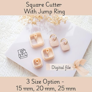 May include: A collection of square cutters with jump rings, in various sizes. The cutters are a light beige color, with a square shape and a small cylindrical center. The image also includes the text "Square Cutter With Jump Ring" and "Digital file".