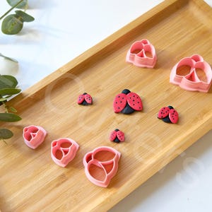 Puede incluir: Un conjunto de cortadores de galletas de plástico rosa con forma de mariquitas y flores sobre una superficie de madera.