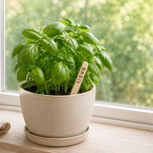 May include: A vibrant green basil plant growing in a smooth, light beige ceramic pot with a matching saucer. A small, light-colored wooden plant marker with the word BASIL printed in black capital letters is inserted into the dark potting soil.