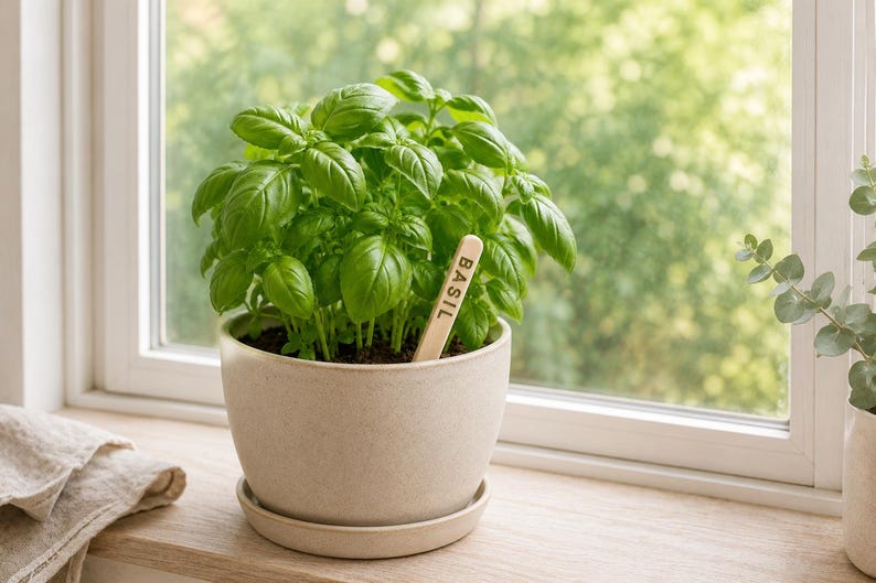May include: A vibrant green basil plant growing in a smooth, light beige ceramic pot with a matching saucer. A small, light-colored wooden plant marker with the word BASIL printed in black capital letters is inserted into the dark potting soil.