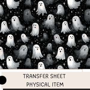 May include: A repeating pattern of watercolor ghosts in various sizes and shades of gray and white against a black background with white stars. The text "TRANSFER SHEET PHYSICAL ITEM" is at the bottom.