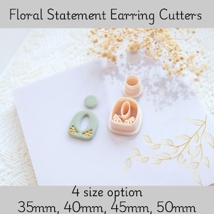May include: A set of floral statement earring cutters. The cutters are in the shape of a circle, a small circle, and a rectangle with a hole in the middle. The text reads "Floral Statement Earring Cutters" and "4 size option 35mm, 40mm, 45mm, 50mm."