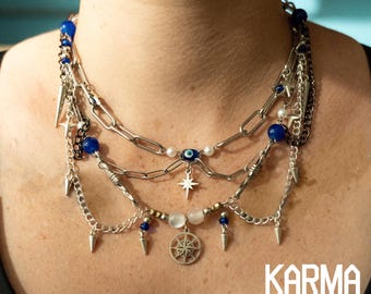 Stray Kids Inspired ‘Karma’ Necklace – Layered Silver Chain Choker with Spikes, Star & Compass Charms, K-Pop Jewelry
