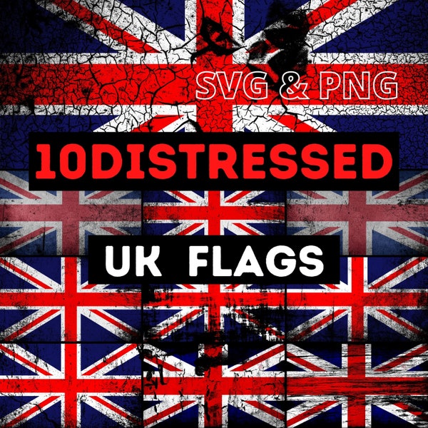 Bundle of 10 UK Flags Distressed ,Svg Png , Grunge Retro Union Jack SVG , Great Britain Flag Png, UK Background Png,  Background Png Design,