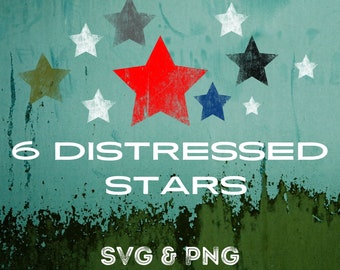 Bundle of 6 Distressed Stars ,  Distressed  Grunge Retro Stars Png, white, blue, red, navy, grey , black star SVG & PNG