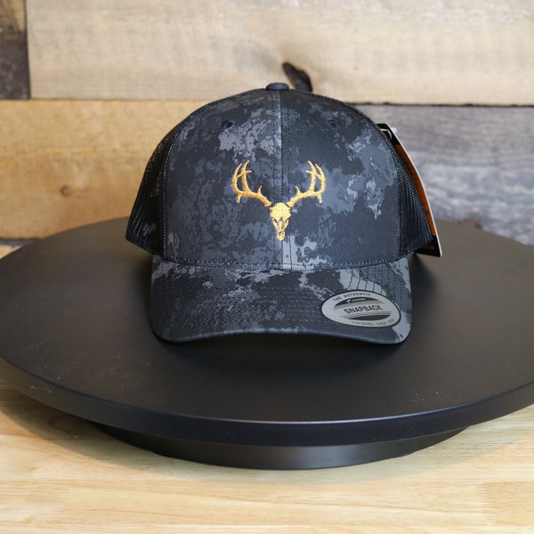 Trucker Hat, Deer Skull Graphic,  Embroidered, Range of Hat Colors, Selection of thread colors