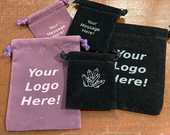 Screen Printed Plush Velour Bags 3" X 4", Choose Color! Custom Message, Handprinted in USA, Branding Gift Items, Lot of 10, 50, or 100+