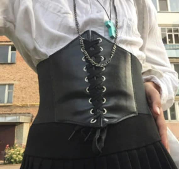 Black Corset Waist Belt for Women, Wide Elastic Tie Waspie Belt