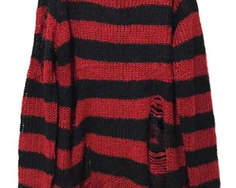 Punk Goth Long  Ripped Jumper loose fit striped Sweater One Size.