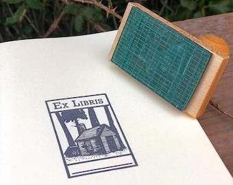 Sello Ex libris de la cabaña de Walden | Exlibris con ilustración de Walden, Thoreau | Sello para tus libros con espacio para tu nombre