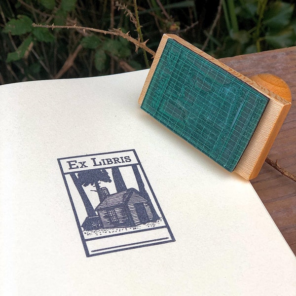 Ex libris stamp of Walden | cabin Bookplate with illustration by Walden, Thoreau | Seal for your books with space for your name