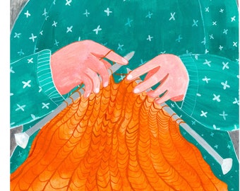 Print of hands knitting illustration | Knitting scene print in A4 size | Digital print of original gouache