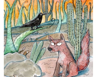 Illustration of coyote and crow in the desert of Mexico | Digital print made in watercolor, marker and pencils in A4 size