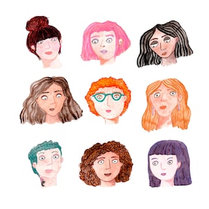 Girls illustration A4 | Girls faces print | Women watercolor digital print in A4 size