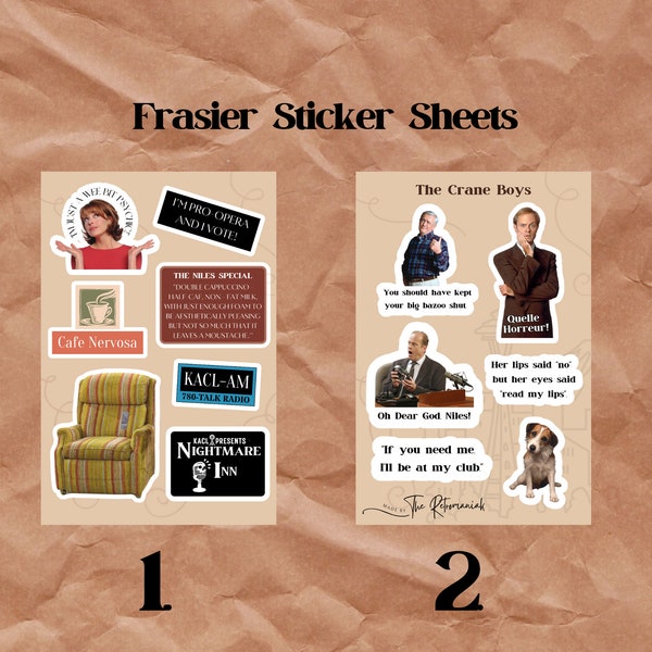 Frasier Sticker Sheet Set - Pro Opera - Niles Crane - Cafe Nervosa - Nightmare Inn - Martin's Chair - Frasier Crane - Daphne Moon