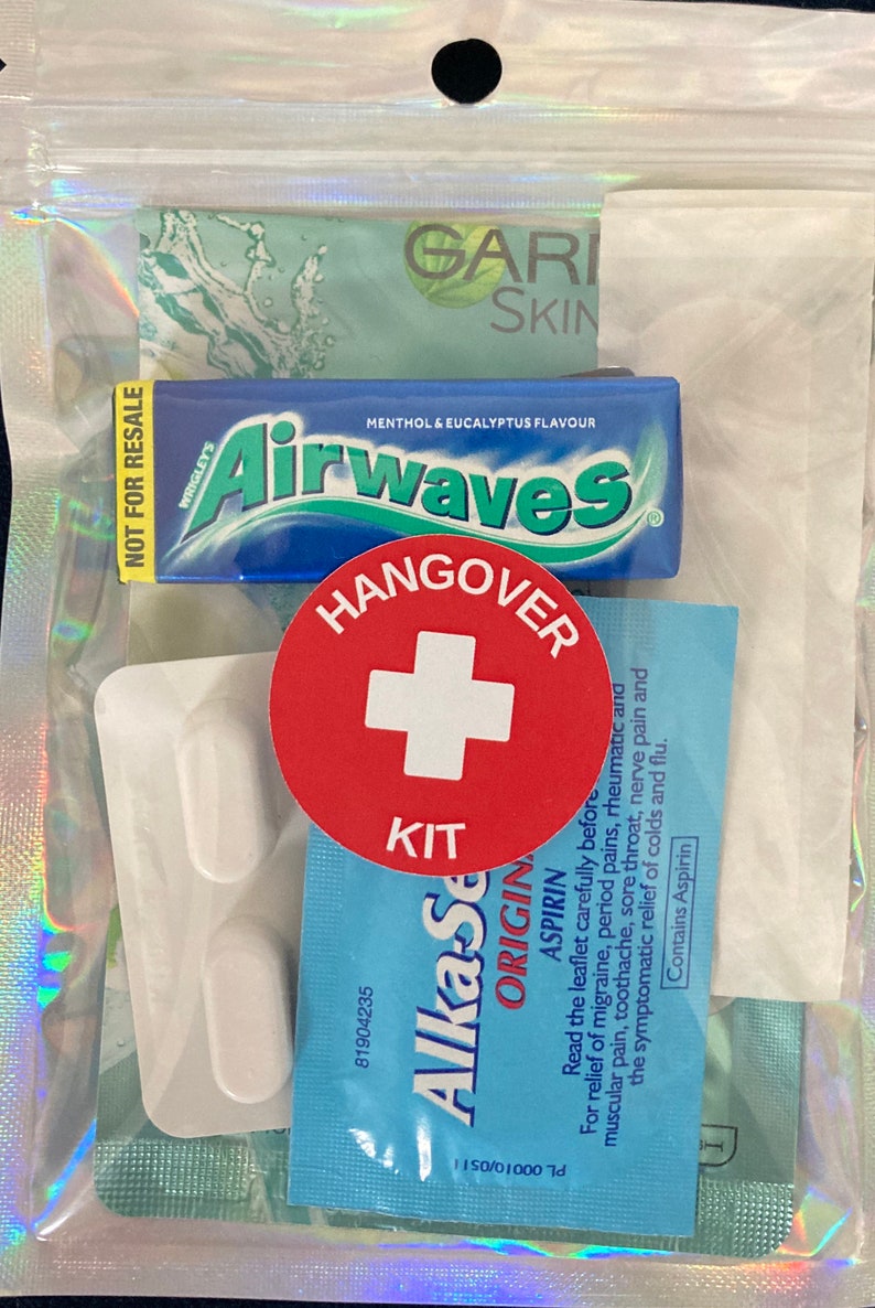 Holographic zip lock bag with hangover kit sticker