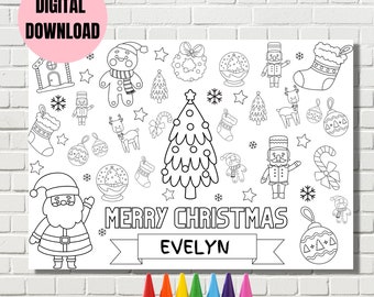 May include: A black and white printable colouring page featuring a Christmas tree, Santa Claus, gingerbread people, baubles, and other festive symbols. The page includes the text "Merry Christmas Evelyn".