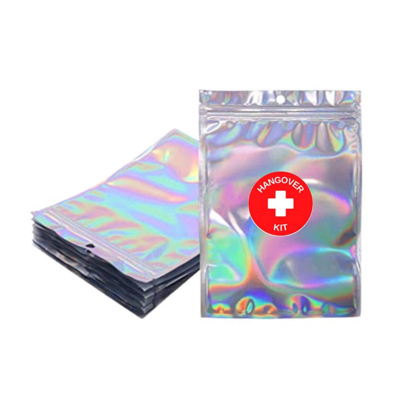 Holographic zip lock bag with red and white hangover kit sticker on the front.