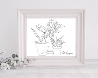 House Plant Art Print | Minimalist Black and White Drawing | Three House Plants Sketch | Digital Art Print | Botanical Wall Decor