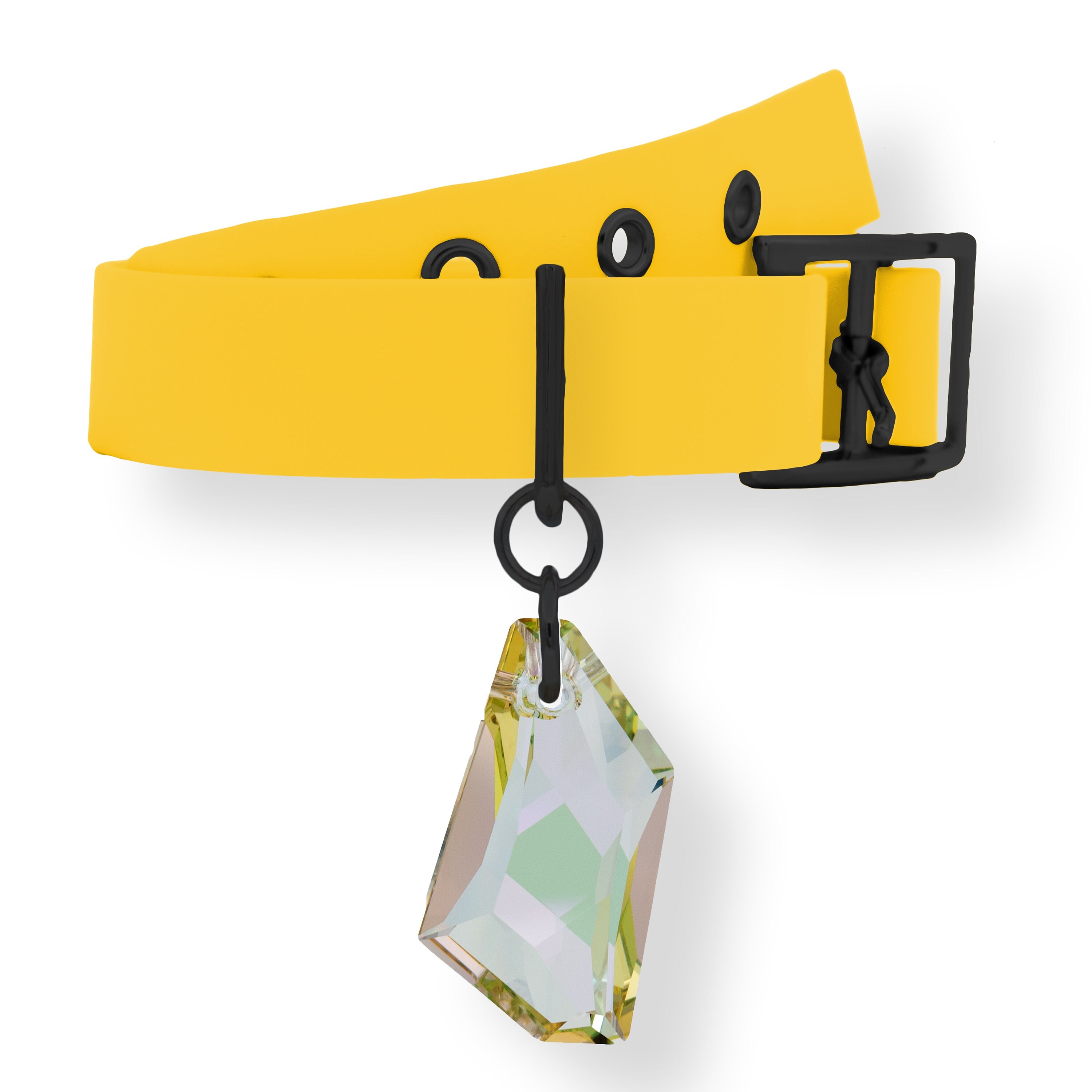 Pendentif et Collier Pour Chien ou Chat Cristal Swarovski Monté sur Un Biothane Jaune Noir Mat