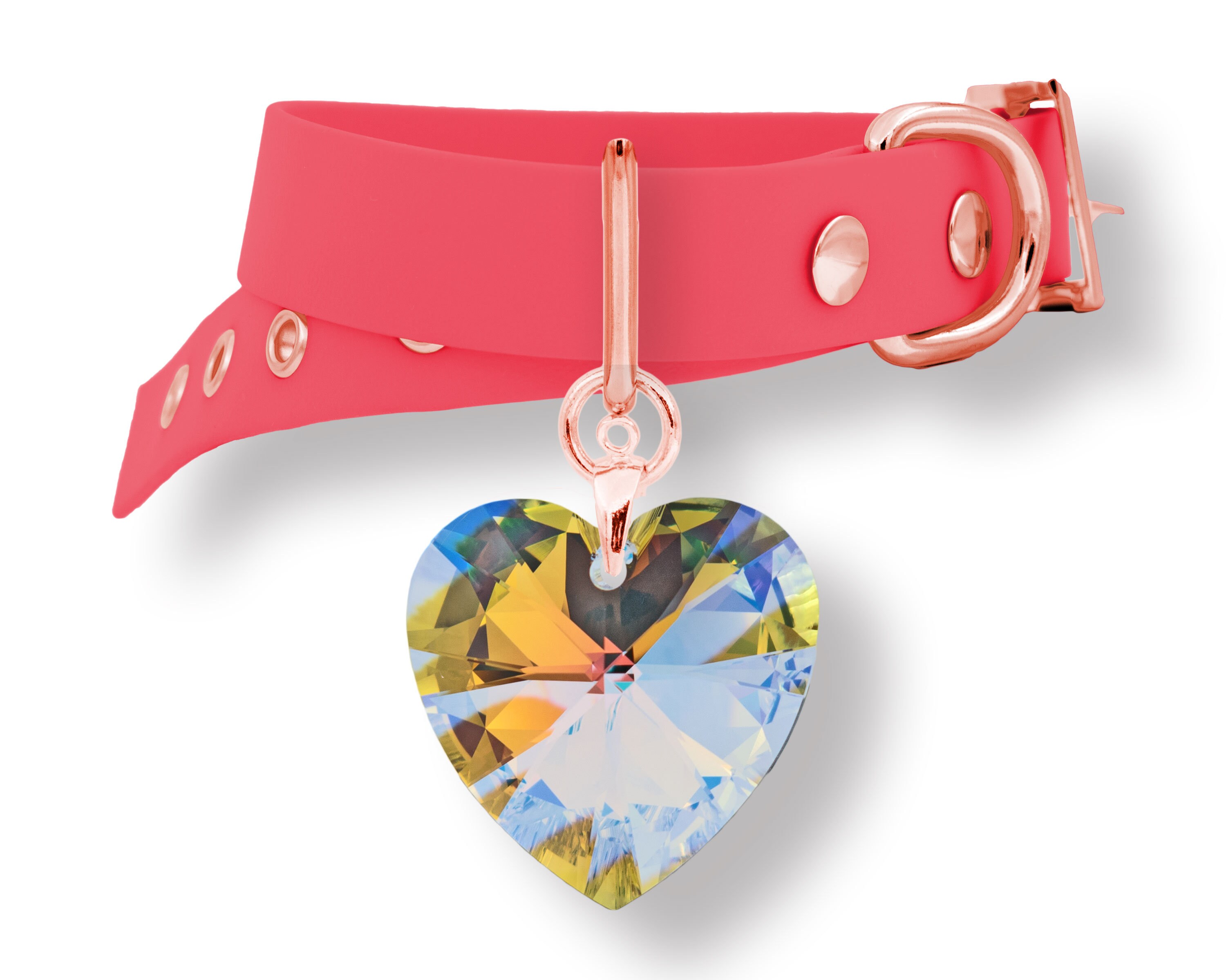 Pendentif et Collier Pour Chien ou Chat Coeur en Cristal Swarovski Monté sur Un Biothane Rose Corail