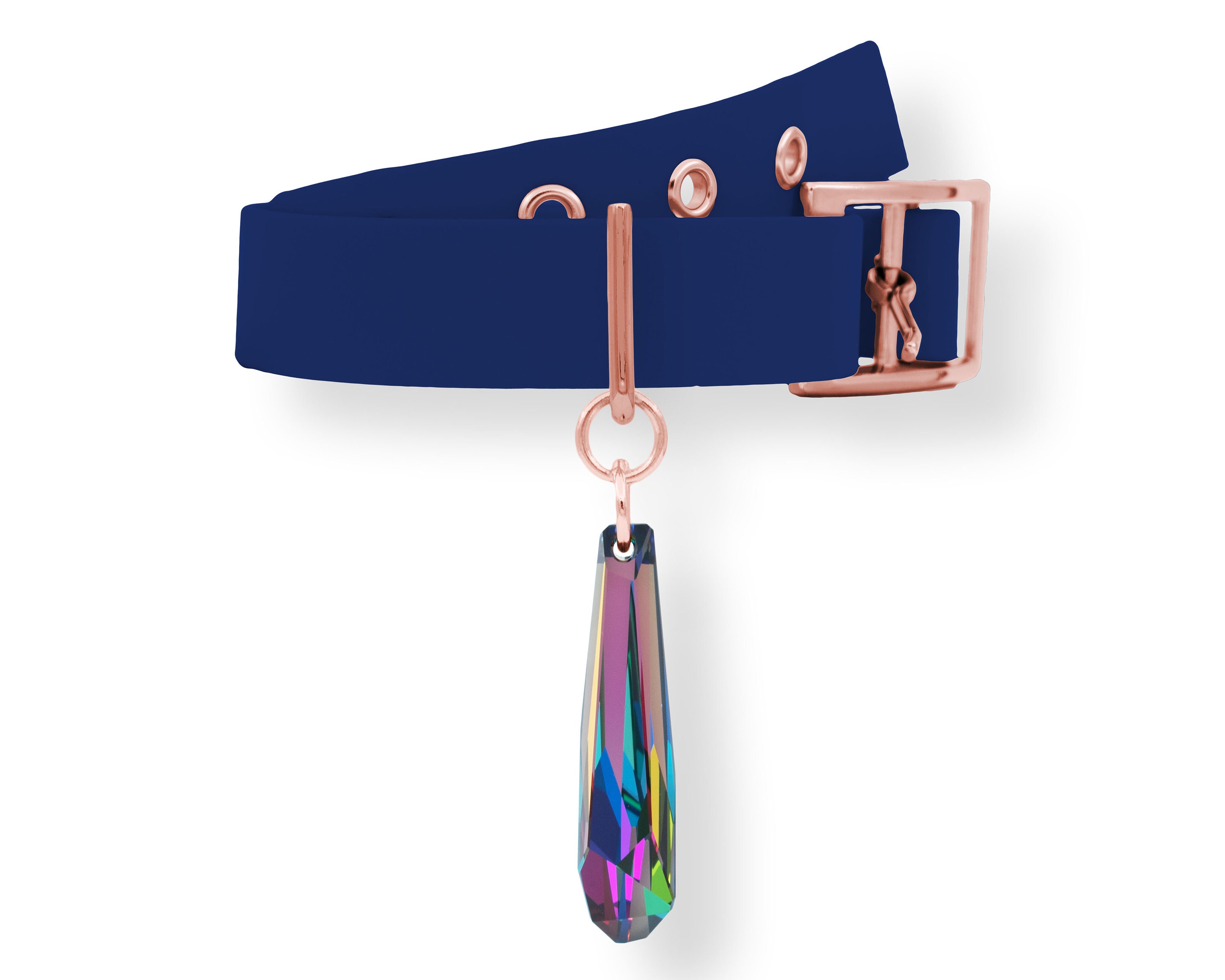 Pendentif et Collier Pour Chien ou Chat Cristal Swarovski Monté sur Un Biothane Bleu Marine Rose Gol