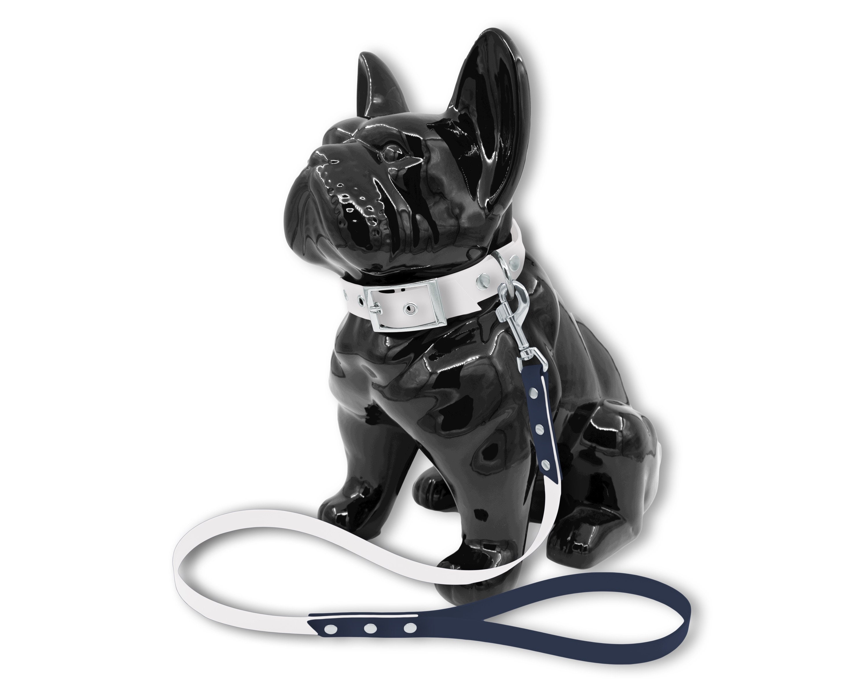 Ensemble Collier Laisse Fashion Pour Chien ou Chat en Biothane Blanc et Bleu Marine avec Rivets Noir