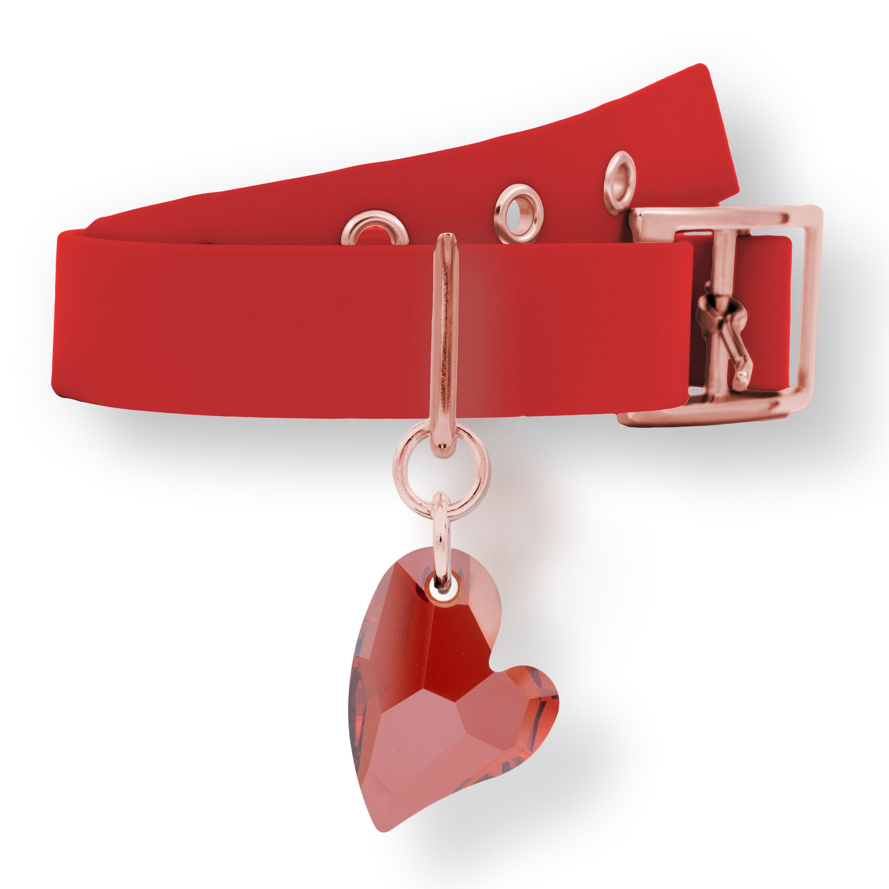 Pendentif et Collier Pour Chien ou Chat Coeur Rouge en Cristal Swarovski Monté sur Un Biothane Rose 