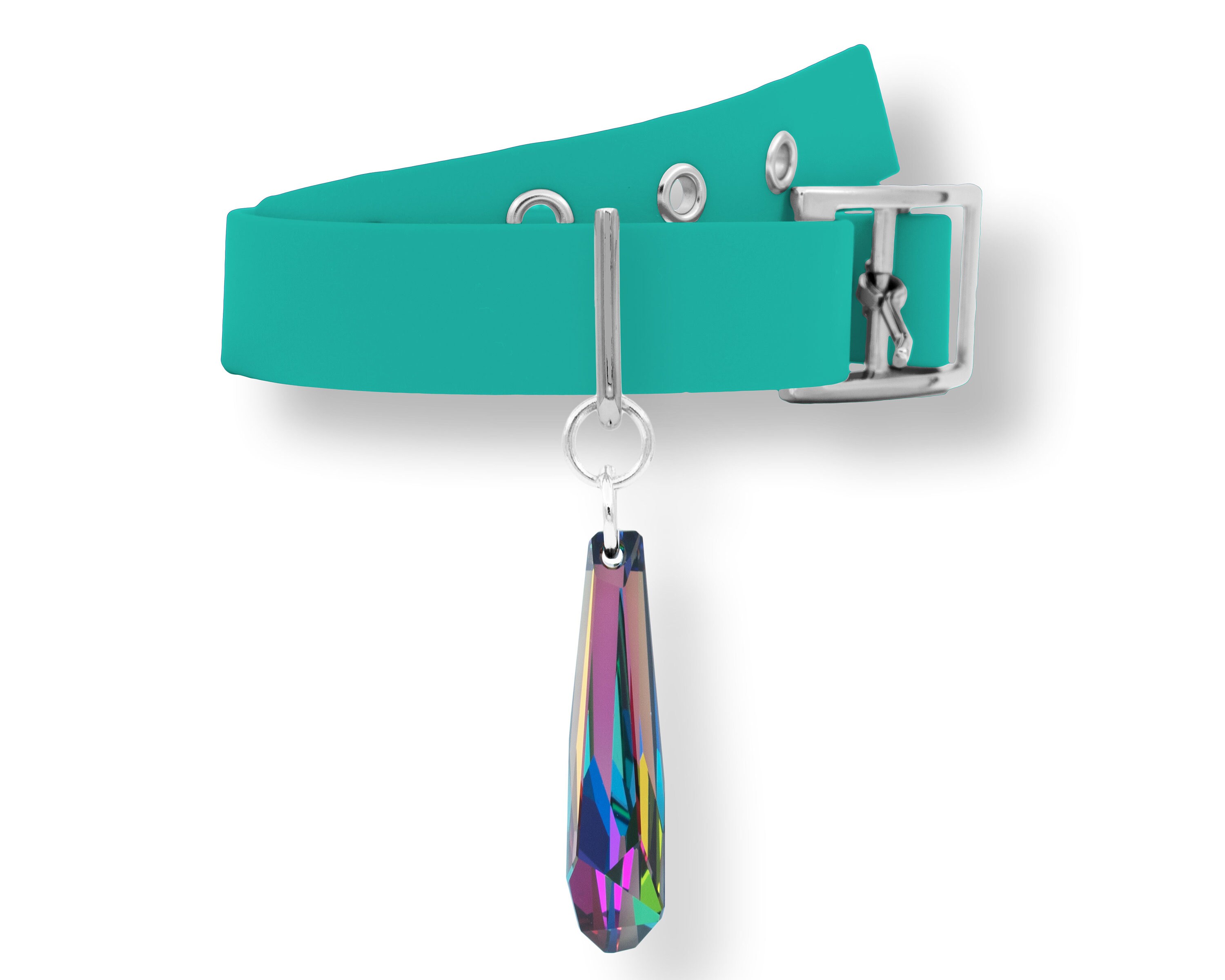 Pendentif et Collier Pour Chien ou Chat Cristal Swarovski Monté sur Un Biothane Vert Turquoise Argen