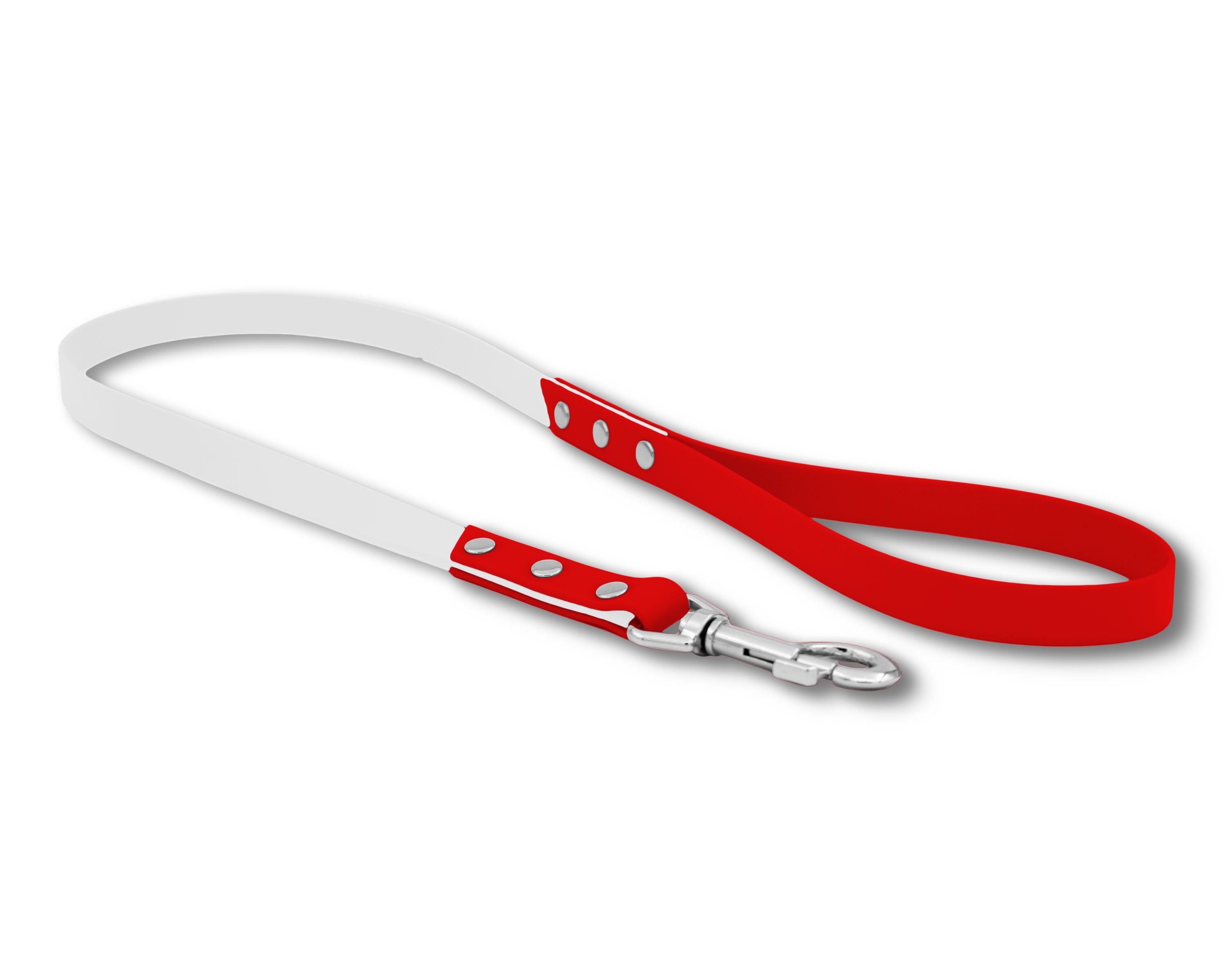 Laisse Stylée Bicolore Pour Chien en Biothane Blanc et Rouge avec Rivets Noir Mat, Rose Gold ou Arge
