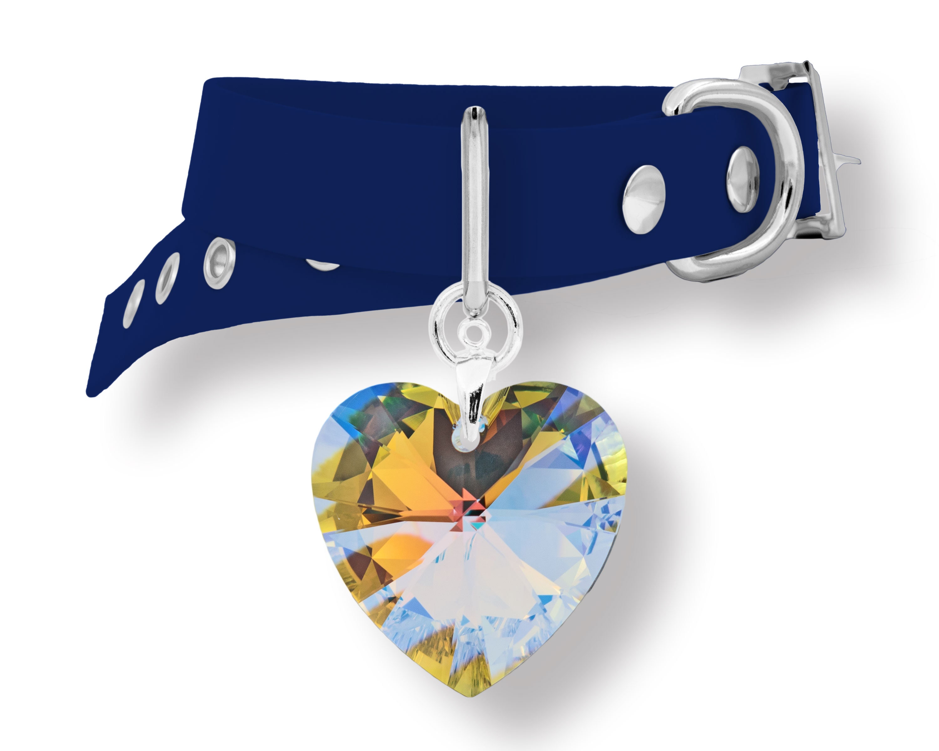 Pendentif et Collier Pour Chien ou Chat Coeur en Cristal Swarovski Monté sur Un Biothane Bleu Marine