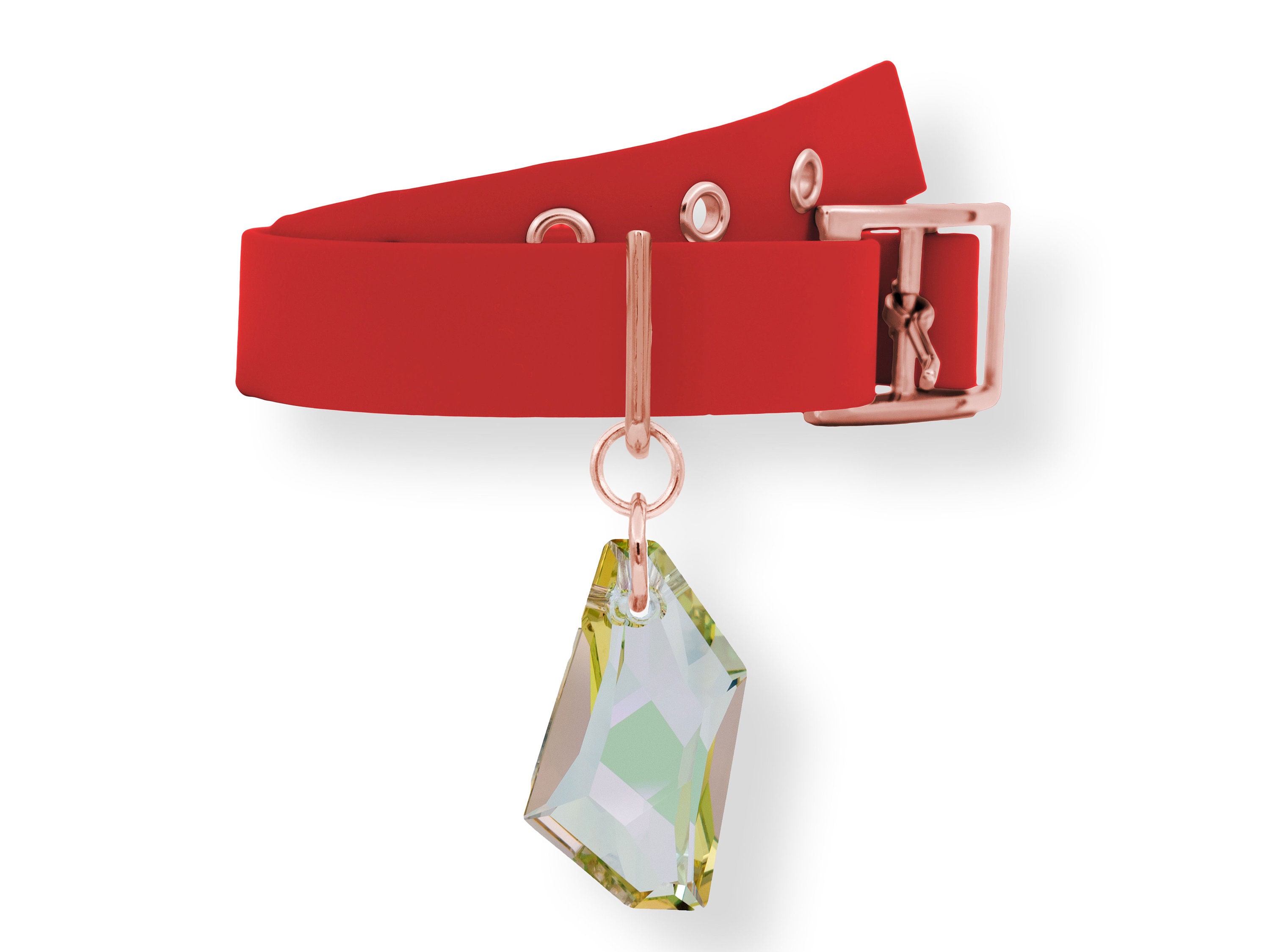 Pendentif et Collier Pour Chien ou Chat Cristal Swarovski Monté sur Un Biothane Rouge Rose Gold