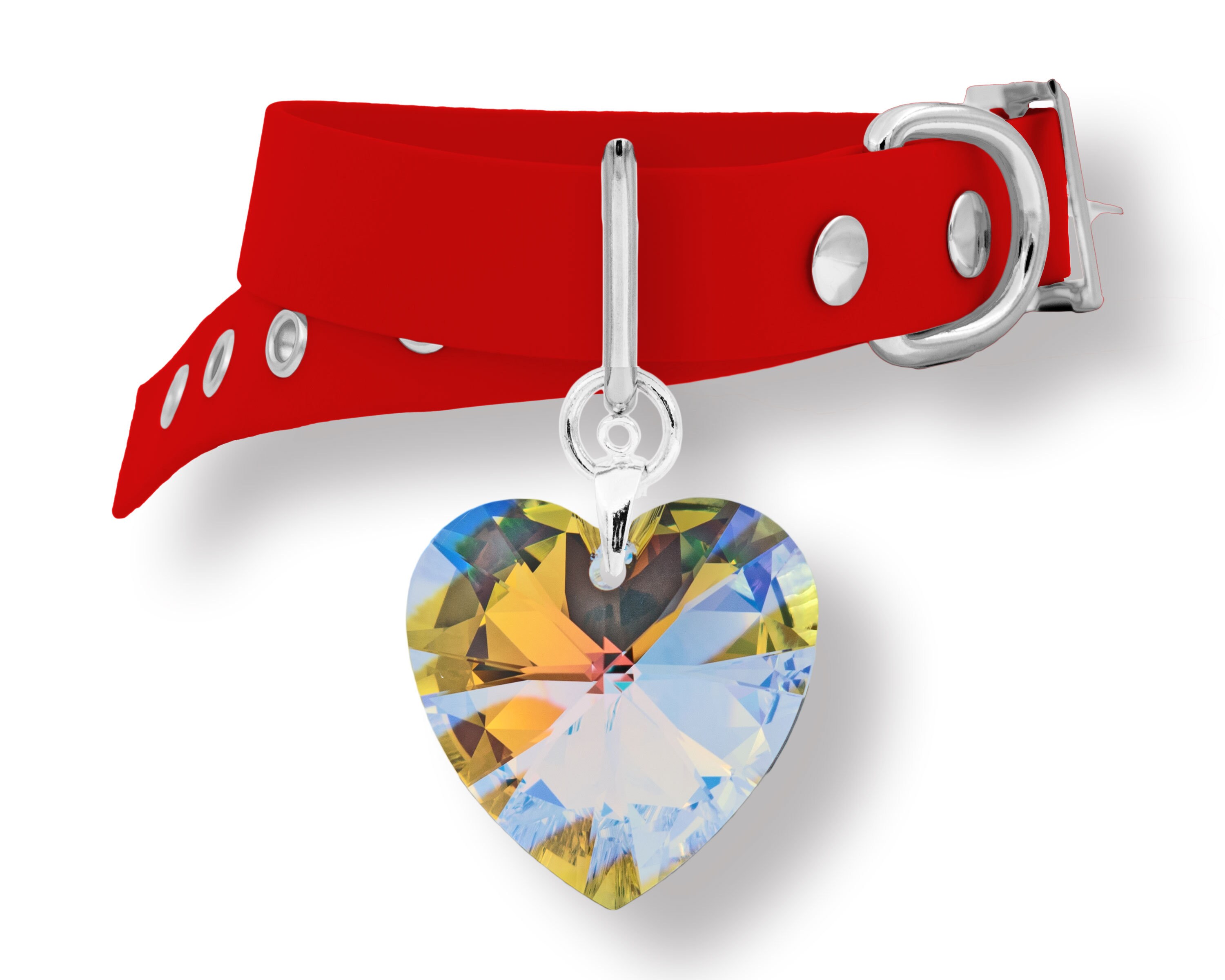 Pendentif et Collier Pour Chien ou Chat Coeur en Cristal Swarovski Monté sur Un Biothane Rouge Argen