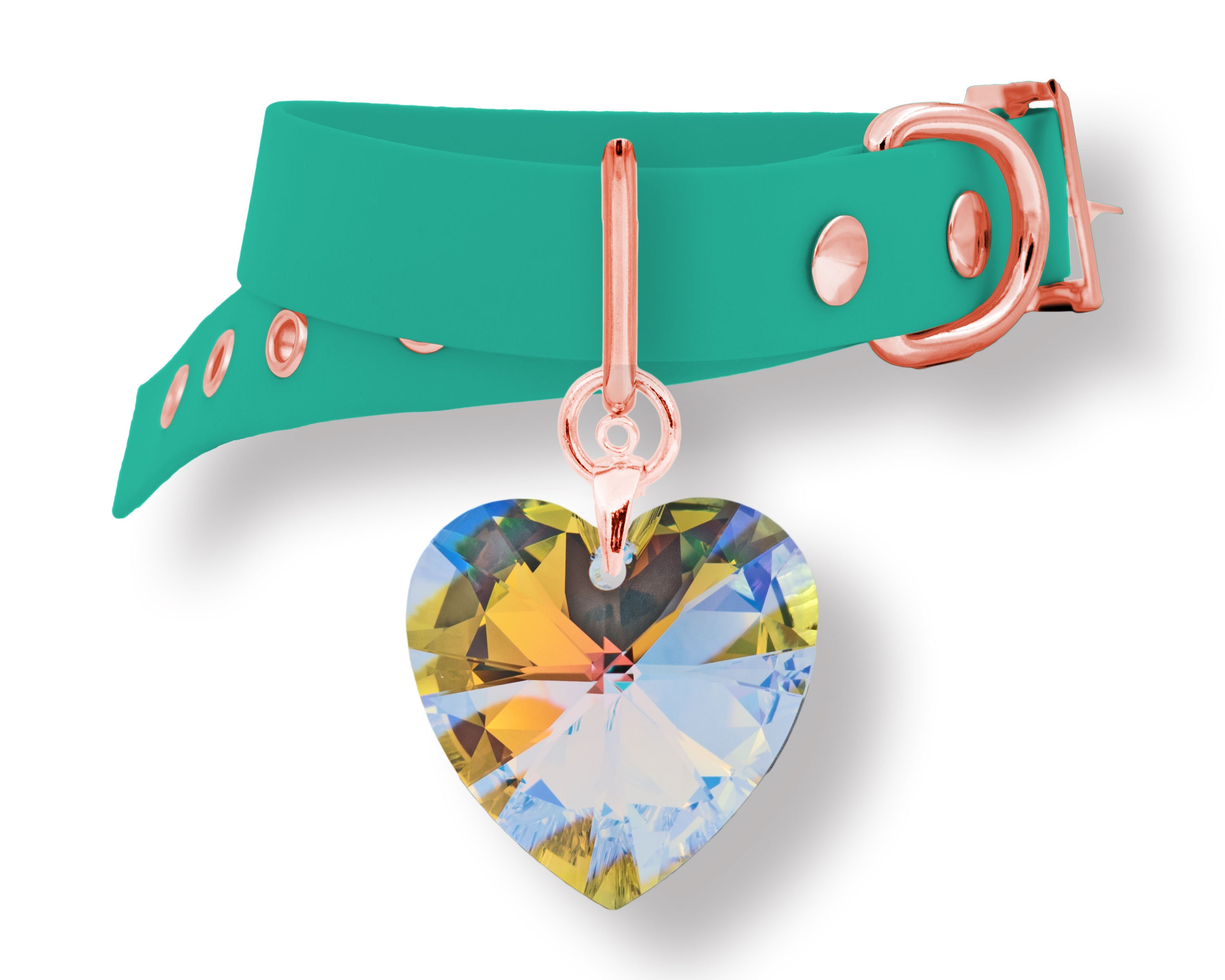 Pendentif et Collier Pour Chien ou Chat Coeur en Cristal Swarovski Monté sur Un Biothane Vert Turquo