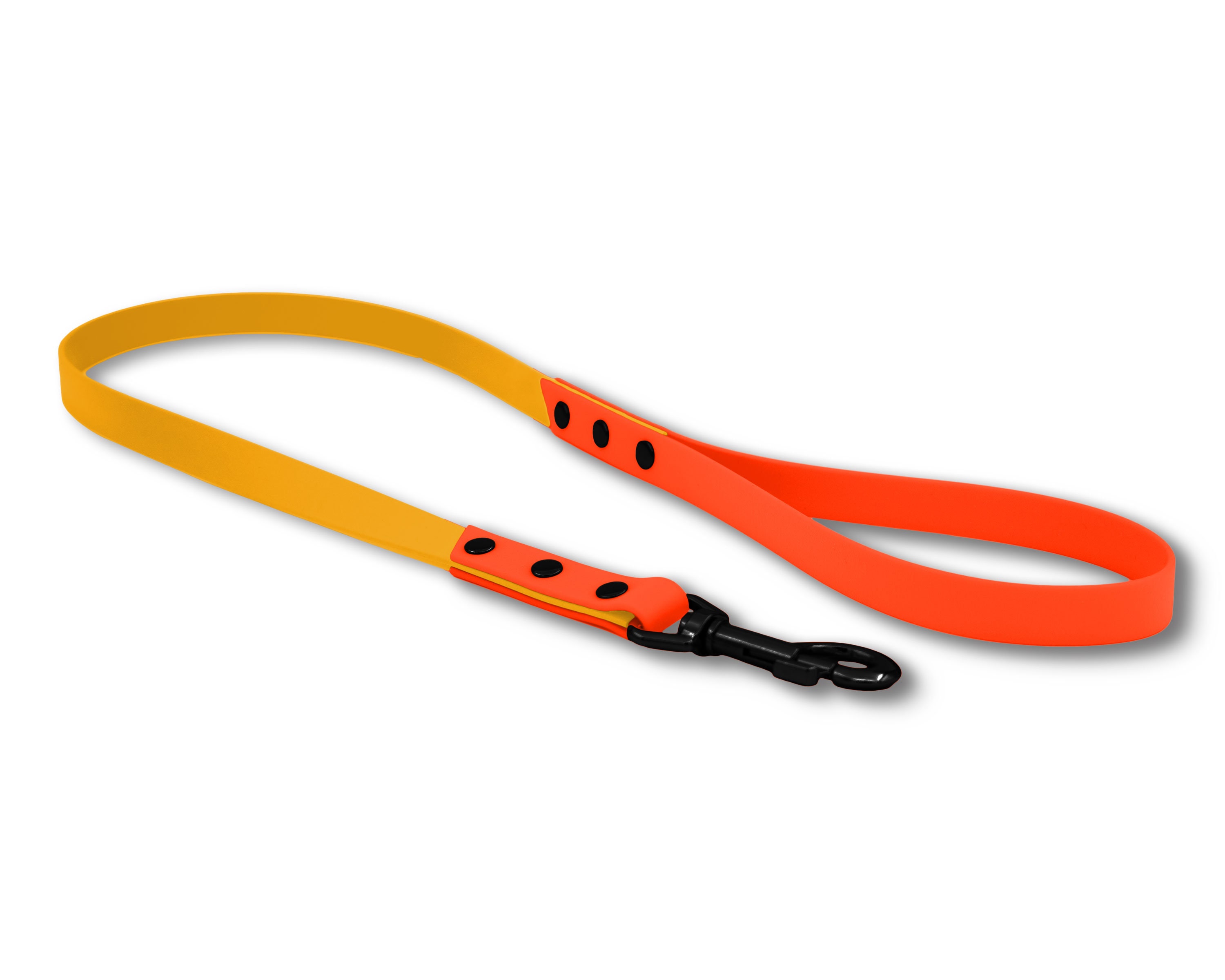 Laisse Stylée Bicolore Pour Chien en Biothane Jaune et Orange avec Rivets Noir Mat, Rose Gold ou Arg