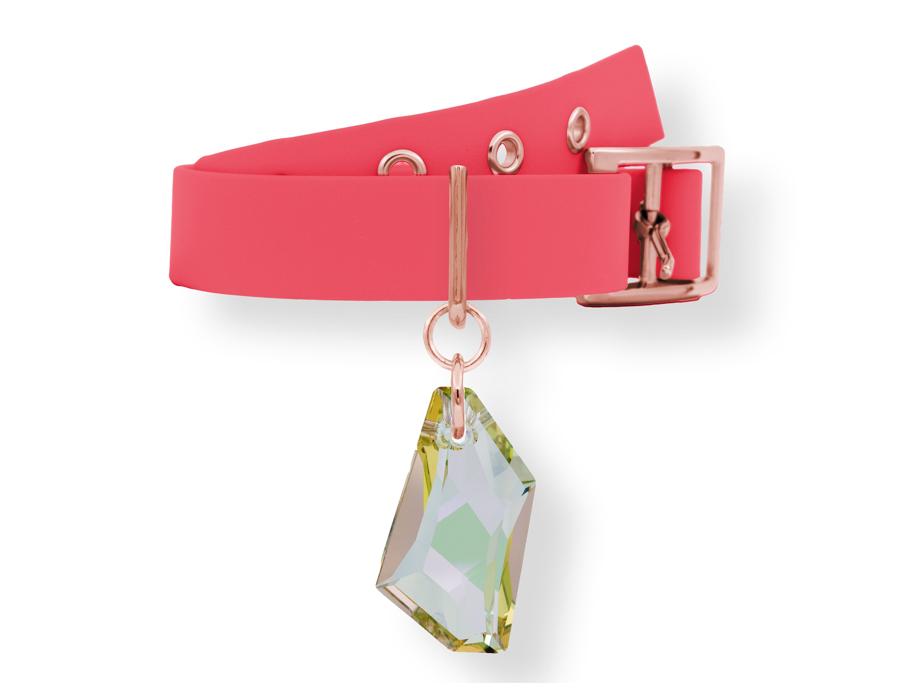 Pendentif et Collier Pour Chien ou Chat Cristal Swarovski Monté sur Un Biothane Rose Corail Gold