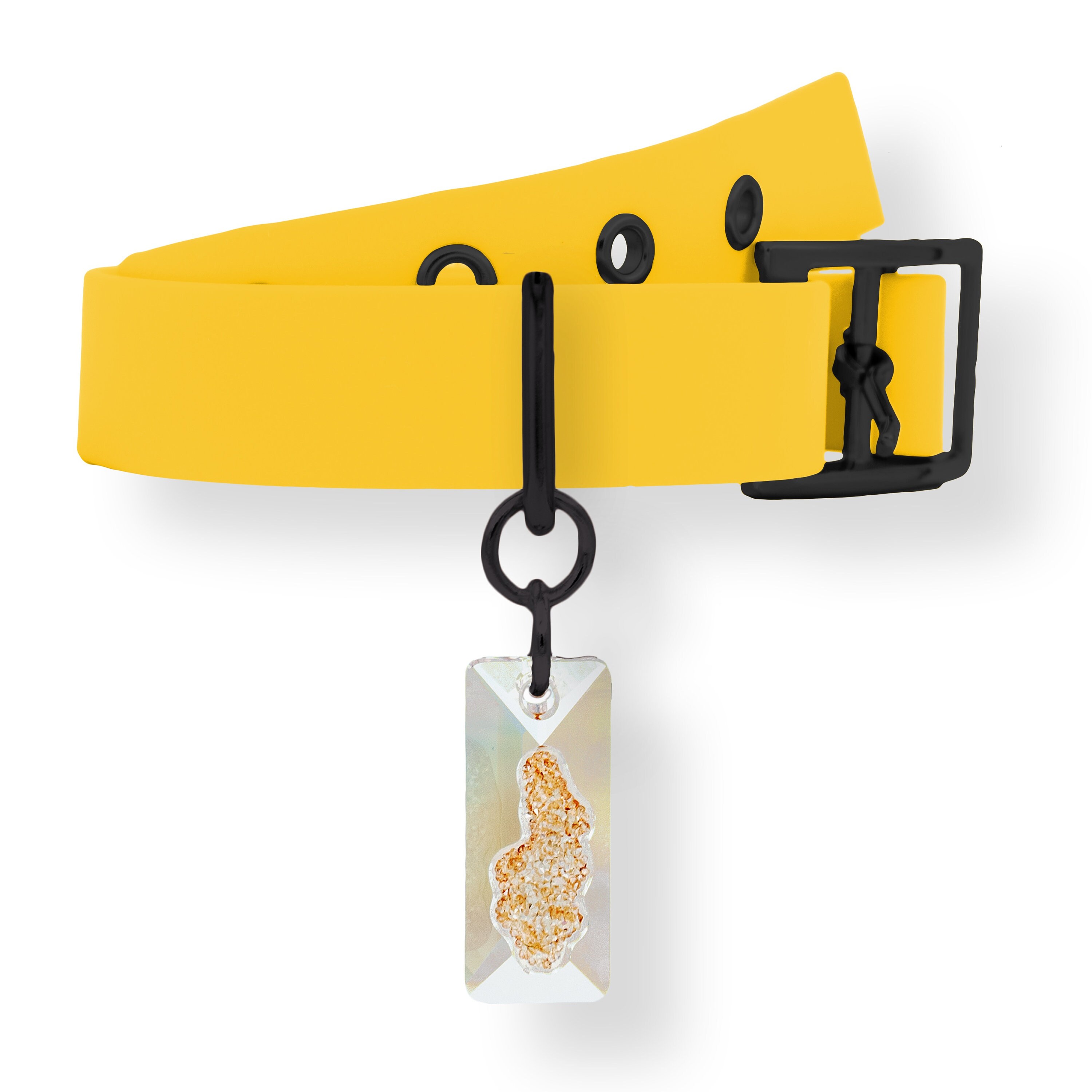 Pendentif et Collier Pour Chien ou Chat Cristal Swarovski Doré Monté sur Un Biothane Jaune Noir Mat