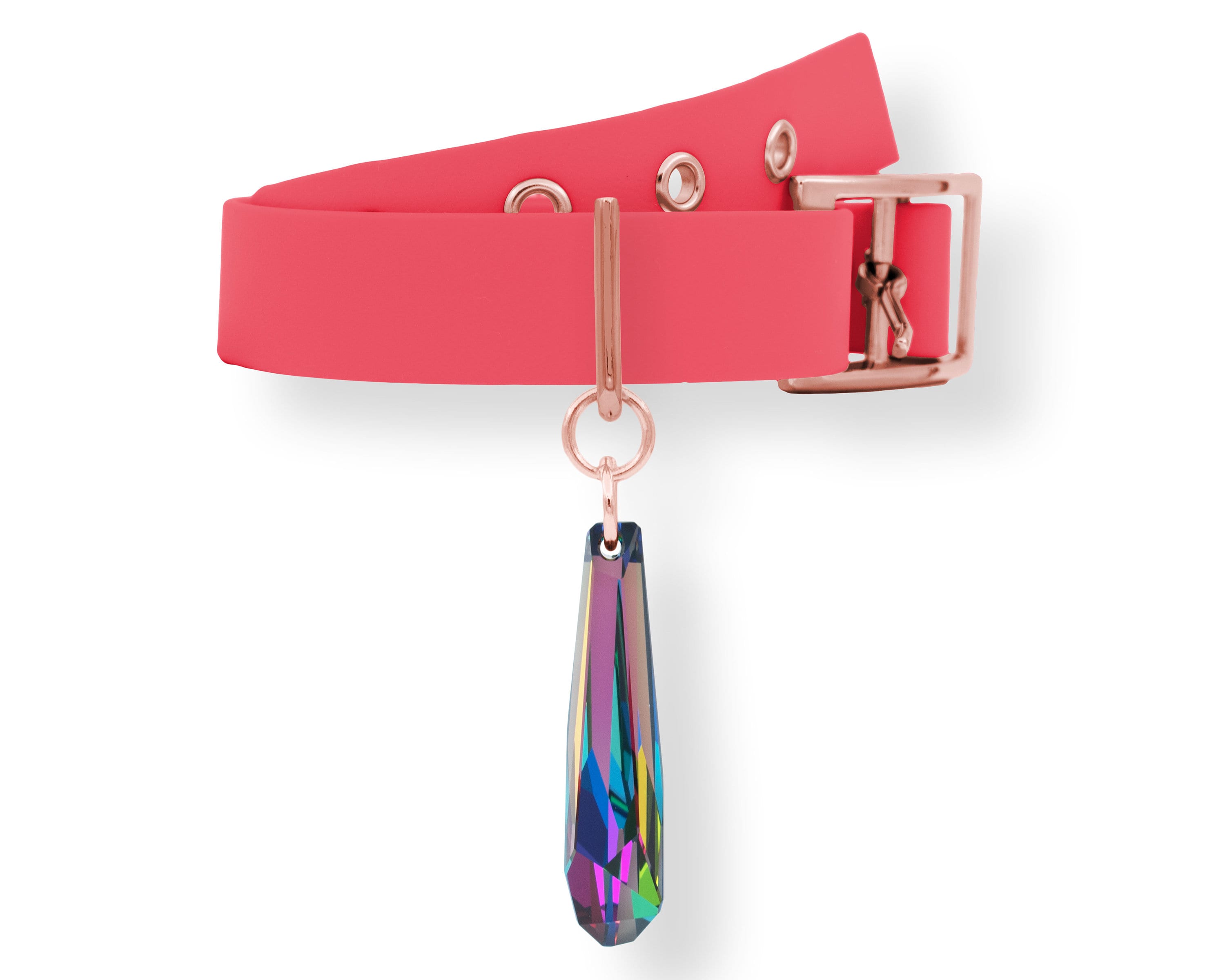 Pendentif et Collier Pour Chien ou Chat Cristal Swarovski Monté sur Un Biothane Rose Corail Gold