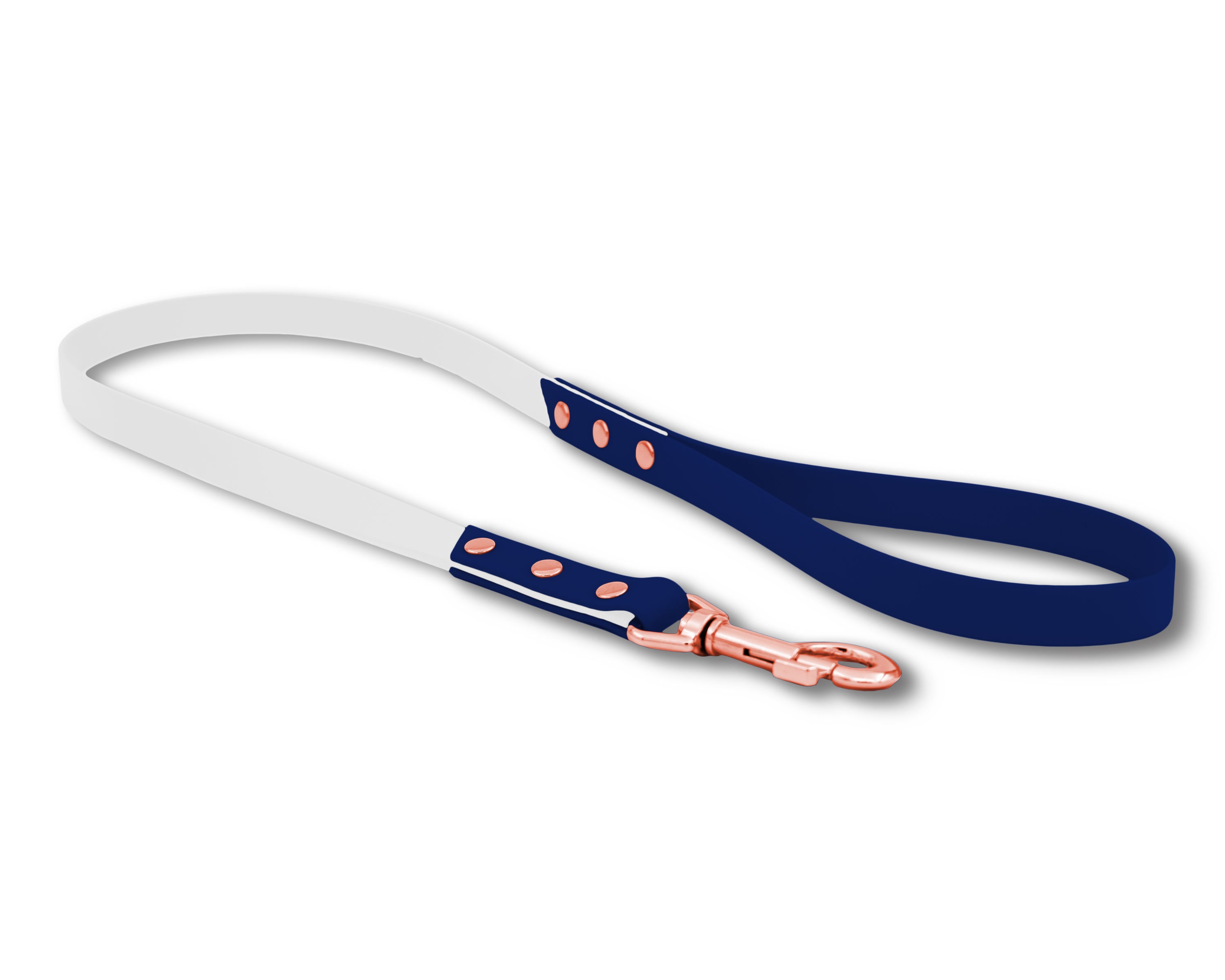 Laisse Stylée Bicolore Pour Chien en Biothane Blanc et Bleu Marine avec Rivets Noir Mat, Rose Gold o