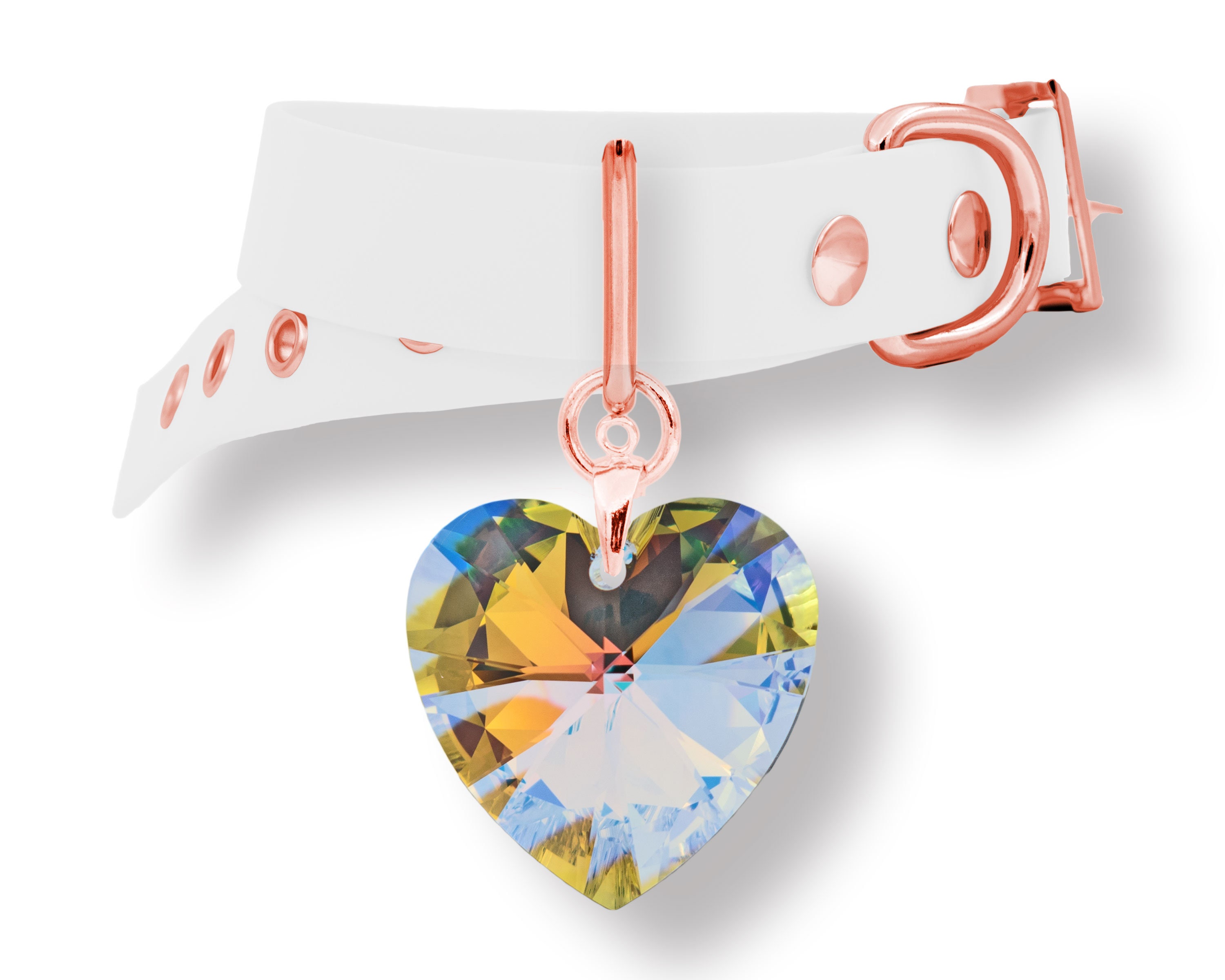 Pendentif et Collier Pour Chien ou Chat Coeur en Cristal Swarovski Monté sur Un Biothane Blanc Rose 