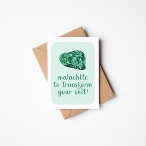 Malaquita para transformar tu mierda! Tarjeta de felicitación con cristales curativos Protección Fuerza Confianza Acuarela Tarjeta en blanco con piedras preciosas