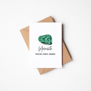 Tarjeta de felicitación con piedra preciosa de acuarela en blanco con cristales curativos de malaquita, protección, fuerza y confianza