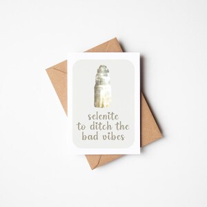 Tarjeta de felicitación con cristales curativos de selenita para eliminar las malas vibraciones, proteger, limpiar, calmar, tarjeta en blanco con piedras preciosas de acuarela