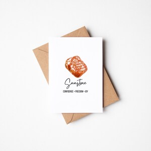 Tarjeta de felicitación con cristal curativo de piedra solar Verdad Confianza Libertad Alegría Tarjeta en blanco con piedra preciosa de acuarela